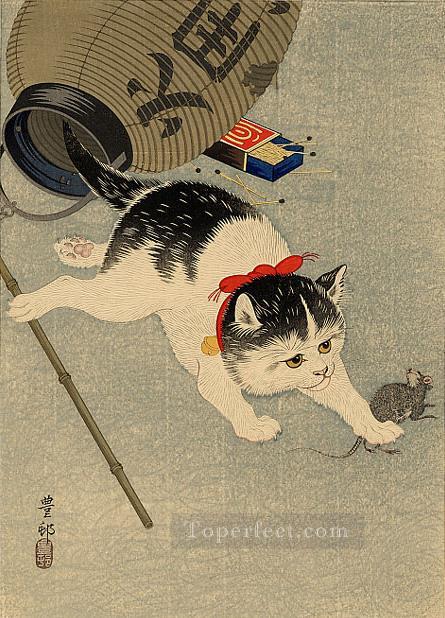 cat catching a mouse Ohara Koson Shin hanga Oil Paintings